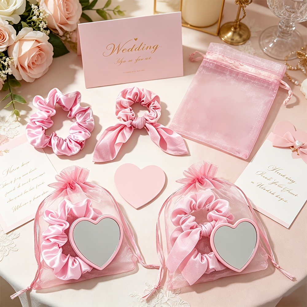 Scrunchie Satin Set - 6-24Pcs Pink Satin Scrunchie & Heart